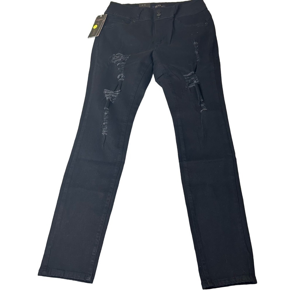 2Q Jeans Womens Juniors 17 Black High Rise Flat Front Distressed Denim NEW‎